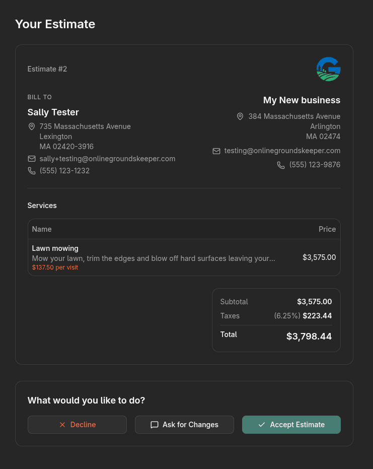 Screenshot of Estimate builder