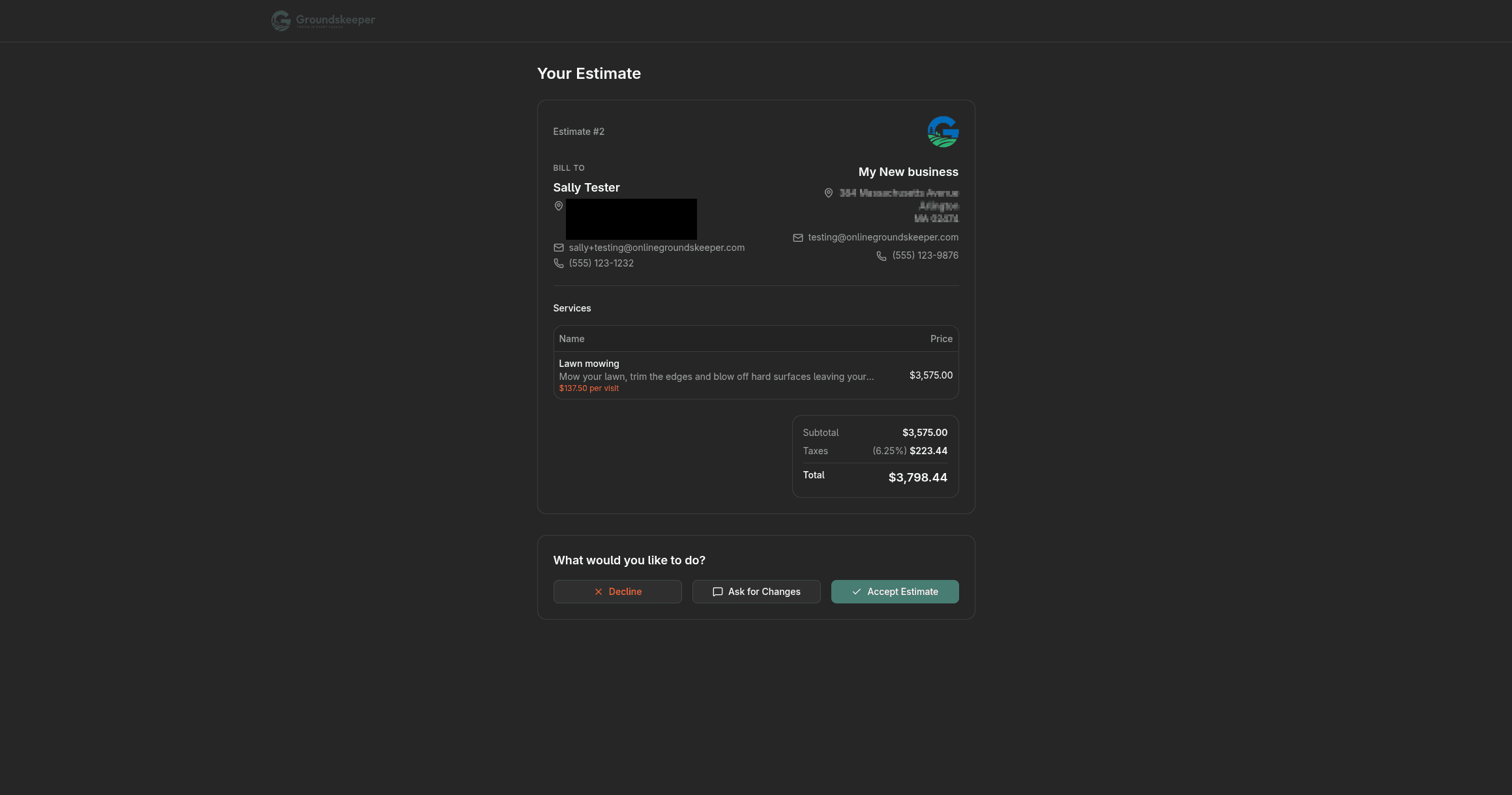 Screenshot of Customer Estimate
